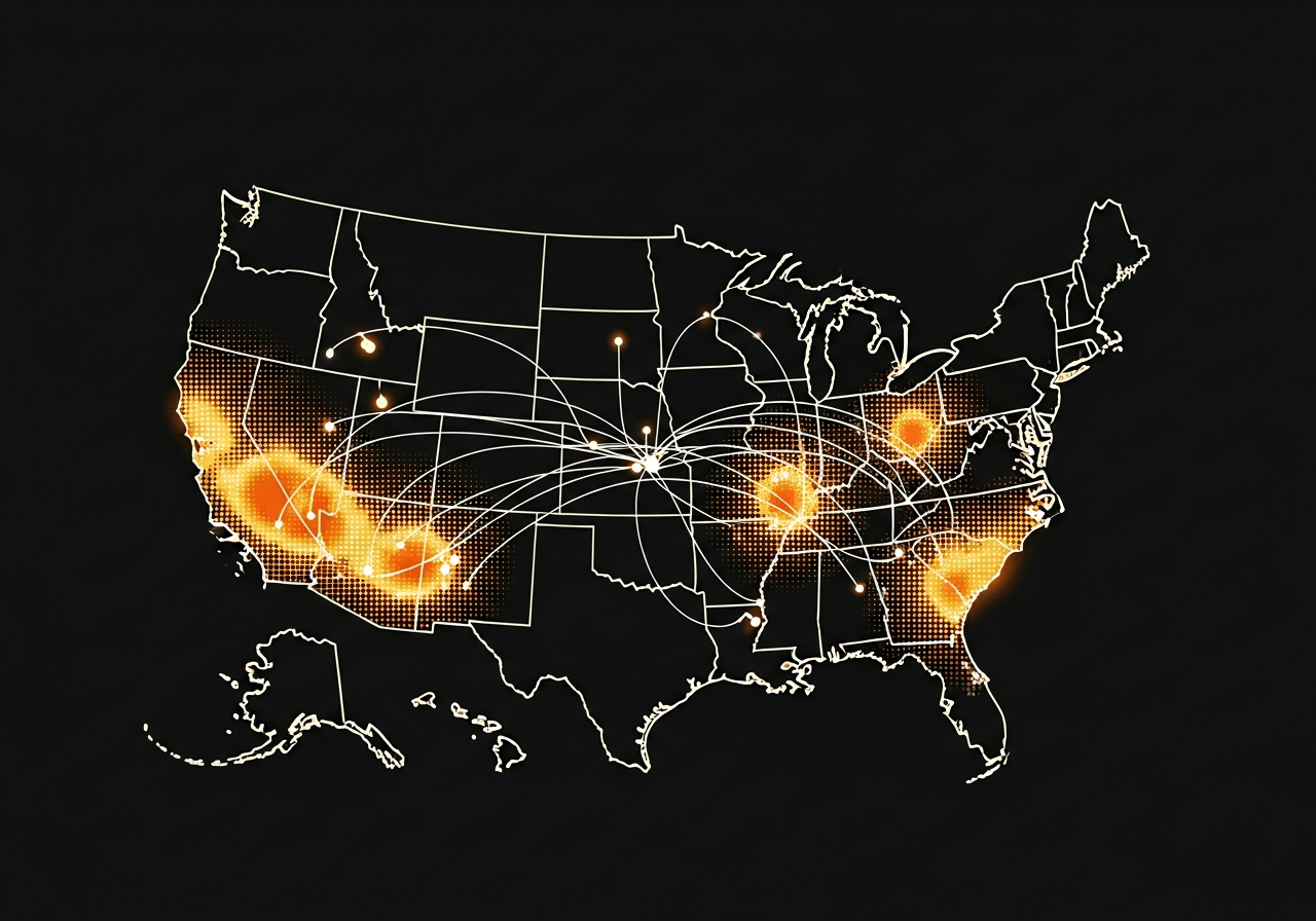 Map of the United States with facility nodes